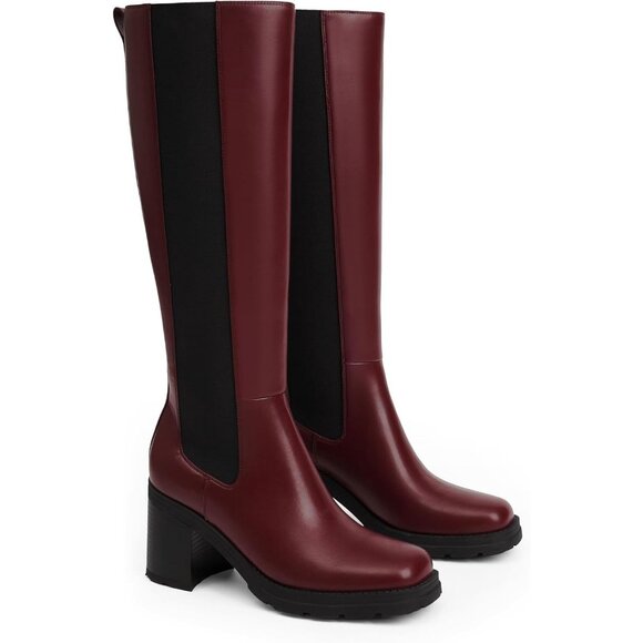 Women’s Knee High Chelsea Platform Boots  Chunky Slip-On Faux Leather Square Toe - Picture 3 of 7